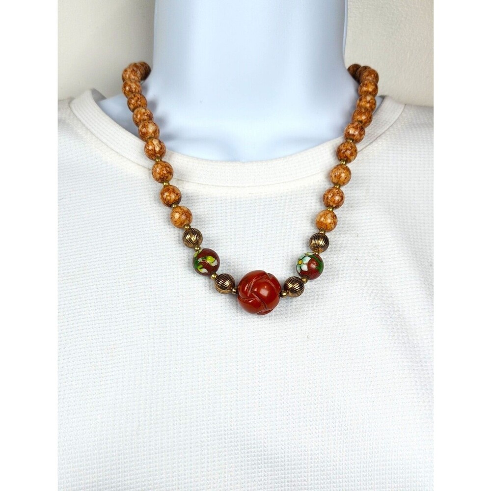 Vintage Carved Red Jasper & Cloisonne Beaded Statement Necklace 18"  Gold Tone